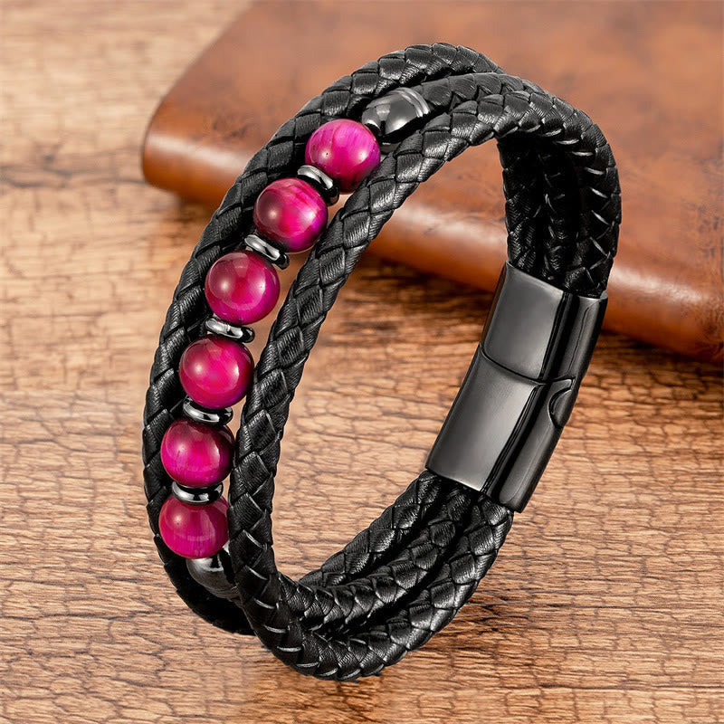 Wear FengShui Tiger Eye Lava Rock Hematite Black Onyx Bead Positive Leather Bracelet