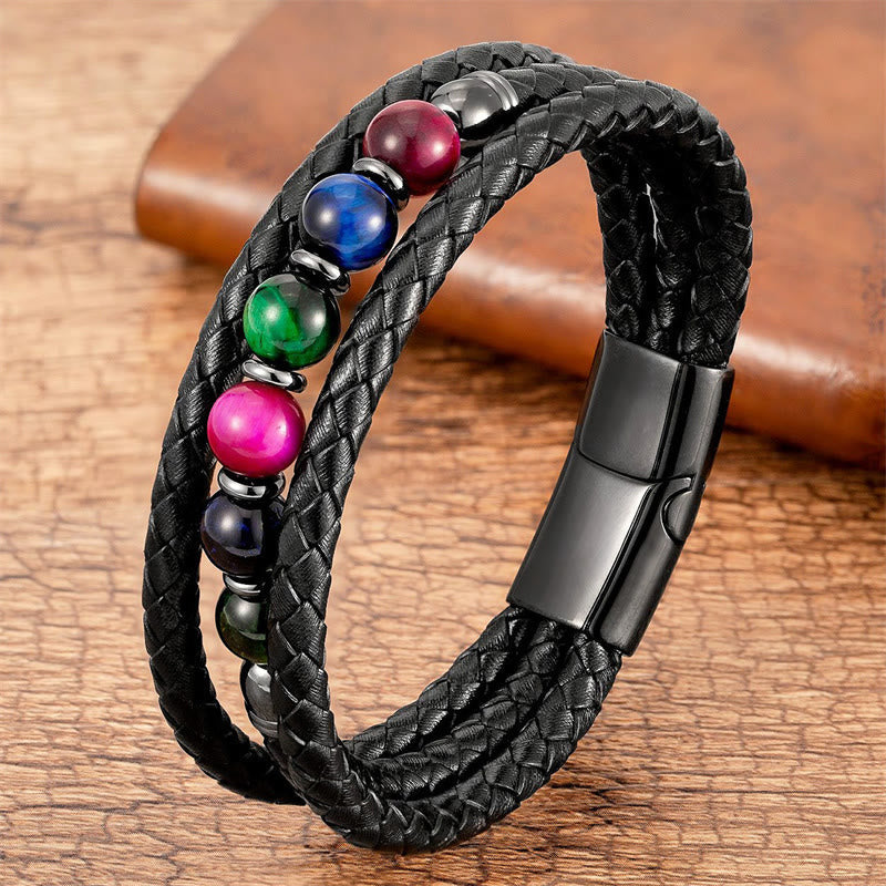 Wear FengShui Tiger Eye Lava Rock Hematite Black Onyx Bead Positive Leather Bracelet