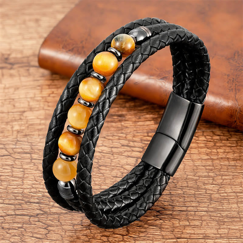 Wear FengShui Tiger Eye Lava Rock Hematite Black Onyx Bead Positive Leather Bracelet