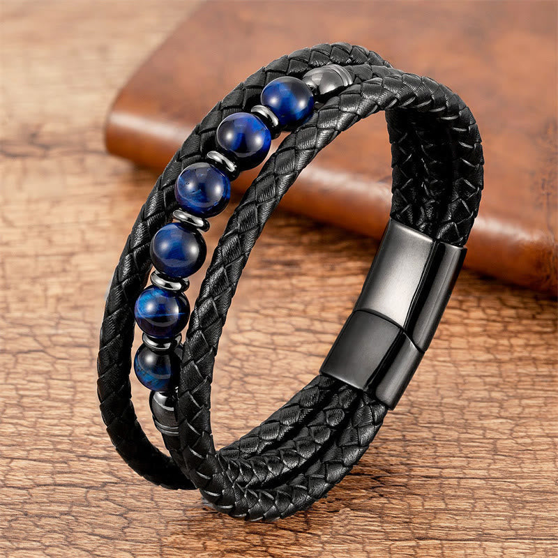 Wear FengShui Tiger Eye Lava Rock Hematite Black Onyx Bead Positive Leather Bracelet