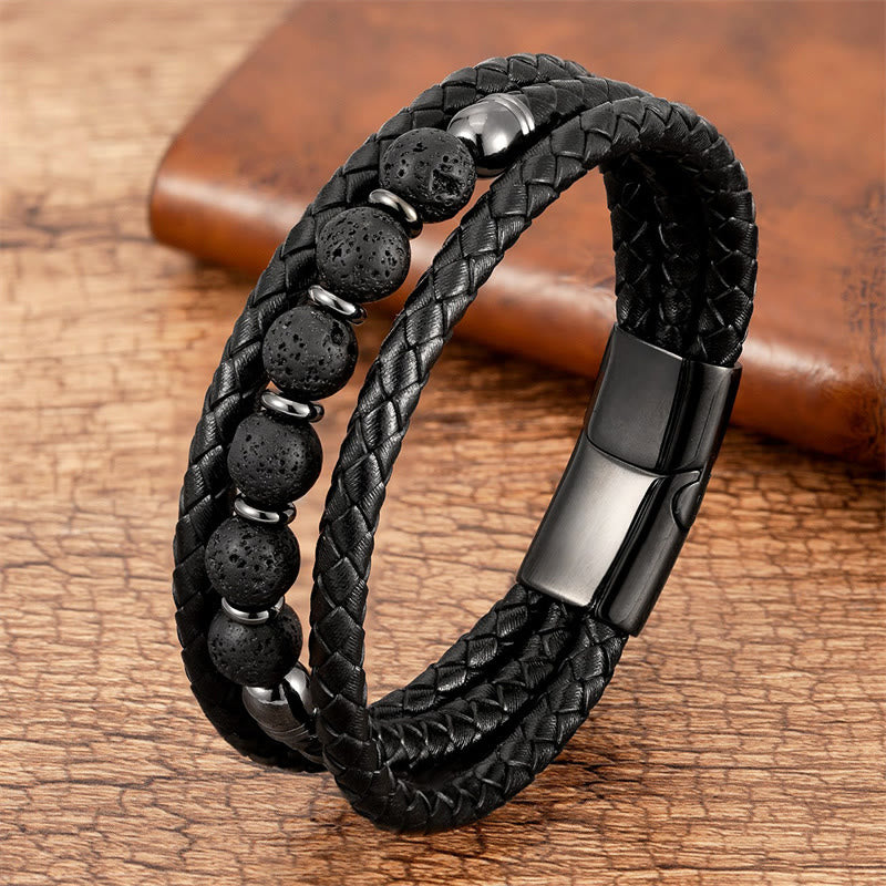 Wear FengShui Tiger Eye Lava Rock Hematite Black Onyx Bead Positive Leather Bracelet