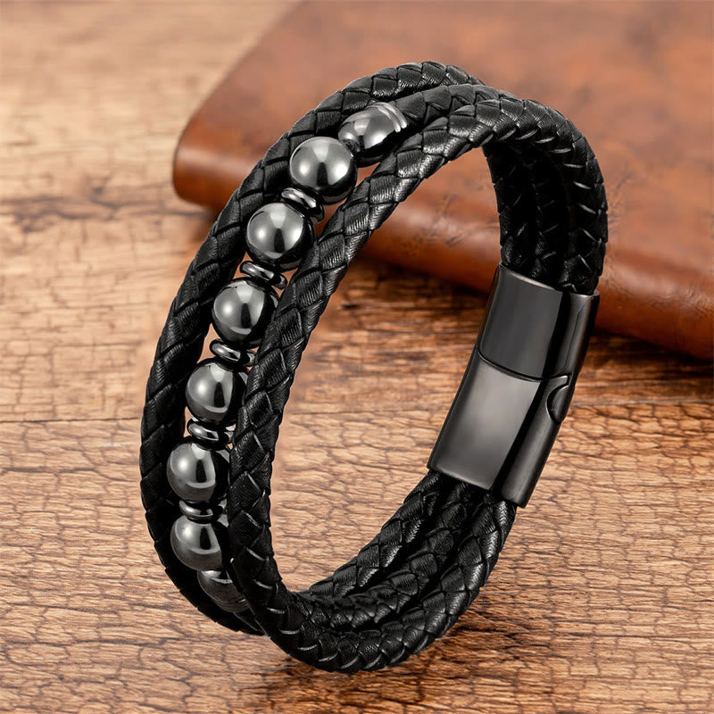 Wear FengShui Tiger Eye Lava Rock Hematite Black Onyx Bead Positive Leather Bracelet