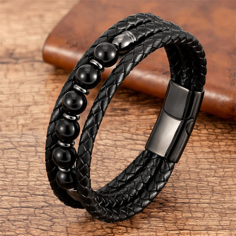 Wear FengShui Tiger Eye Lava Rock Hematite Black Onyx Bead Positive Leather Bracelet