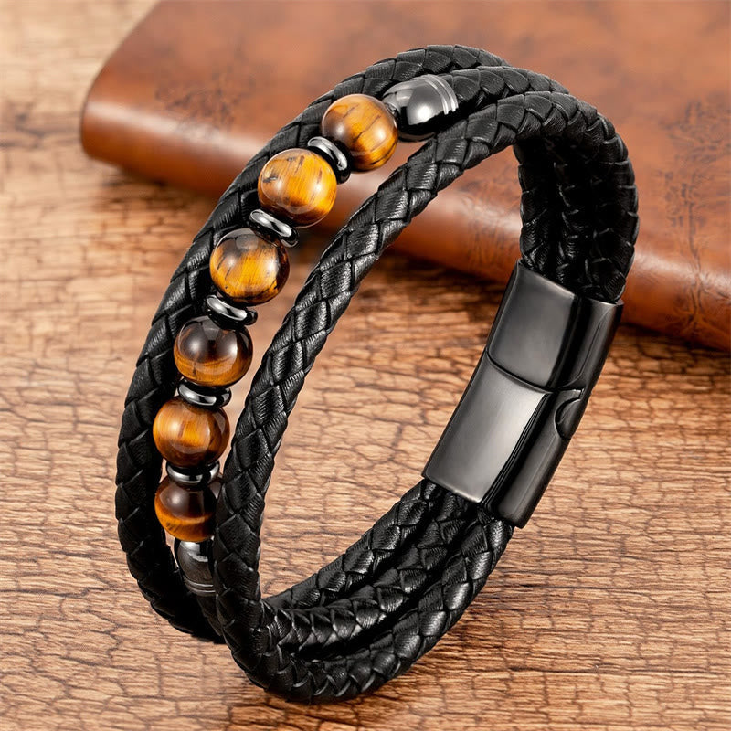 Wear FengShui Tiger Eye Lava Rock Hematite Black Onyx Bead Positive Leather Bracelet