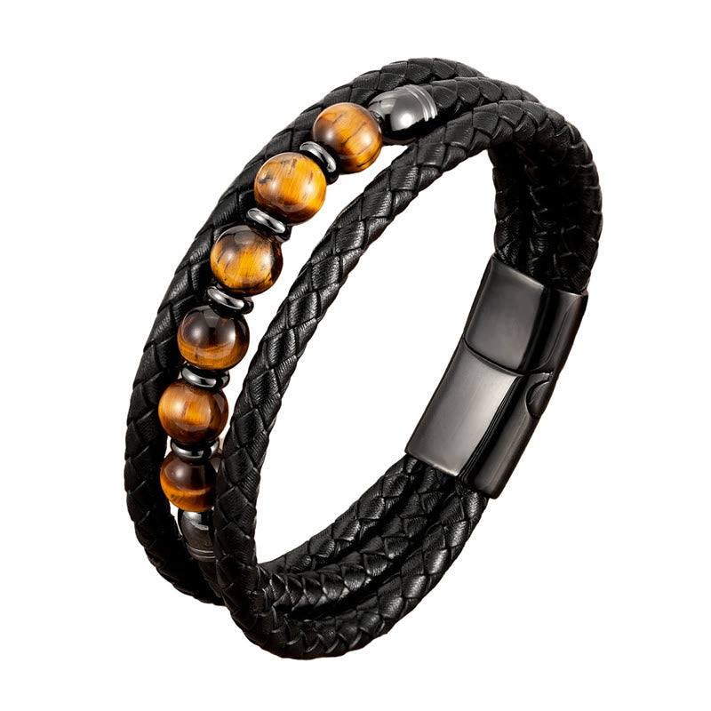 Wear FengShui Tiger Eye Lava Rock Hematite Black Onyx Bead Positive Leather Bracelet