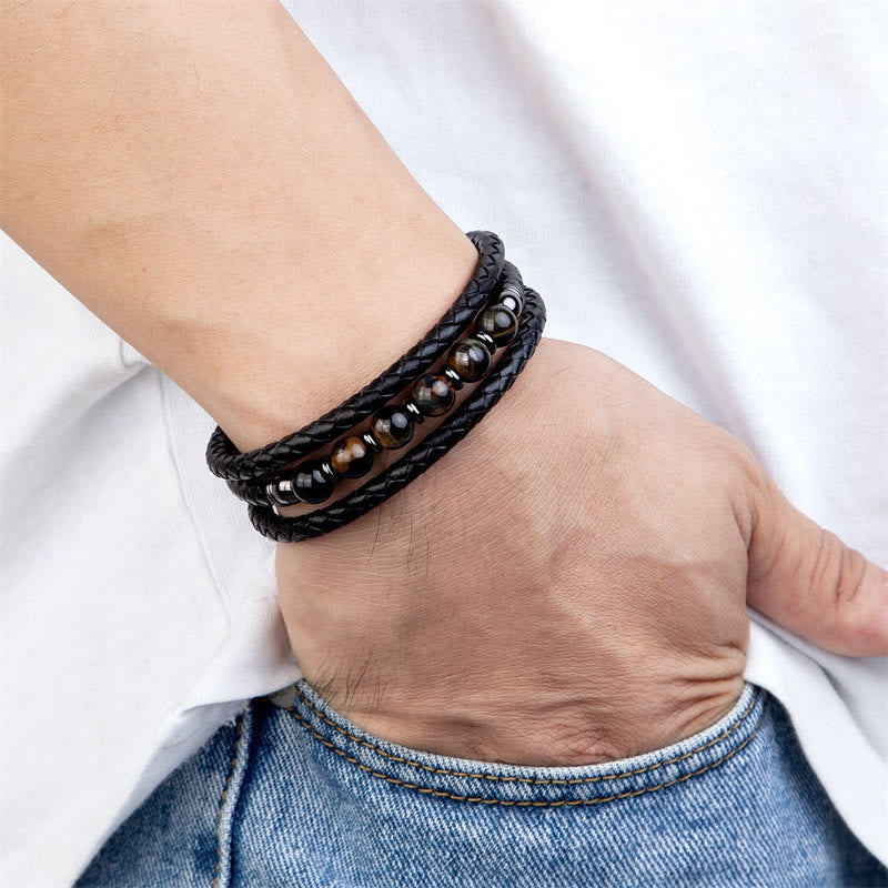 Wear FengShui Tiger Eye Lava Rock Hematite Black Onyx Bead Positive Leather Bracelet