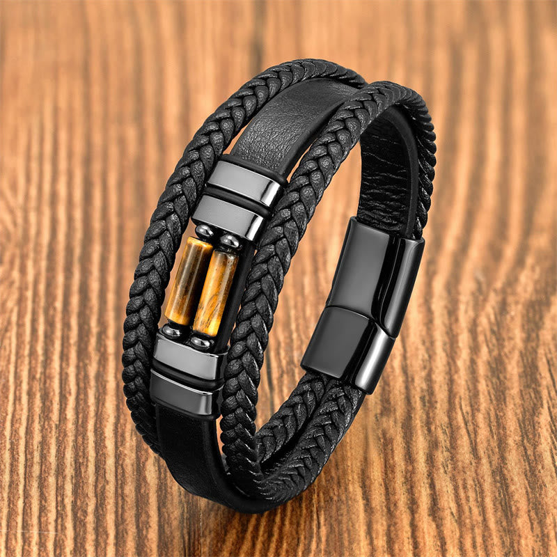 Wear FengShui Tiger Eye Lazurite Hematite Picture Jasper Black Onyx Strength Multi-layer Leather Bracelet