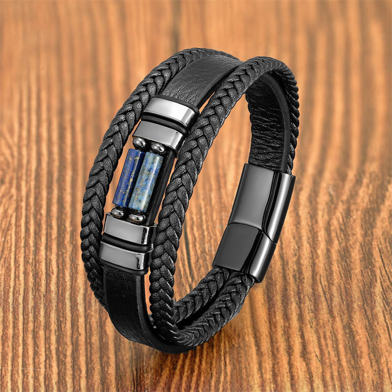 Wear FengShui Tiger Eye Lazurite Hematite Picture Jasper Black Onyx Strength Multi-layer Leather Bracelet