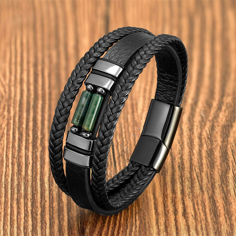Wear FengShui Tiger Eye Lazurite Hematite Picture Jasper Black Onyx Strength Multi-layer Leather Bracelet