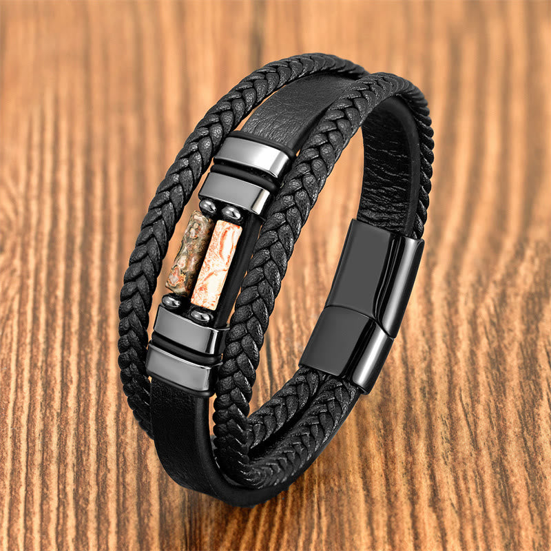 Wear FengShui Tiger Eye Lazurite Hematite Picture Jasper Black Onyx Strength Multi-layer Leather Bracelet