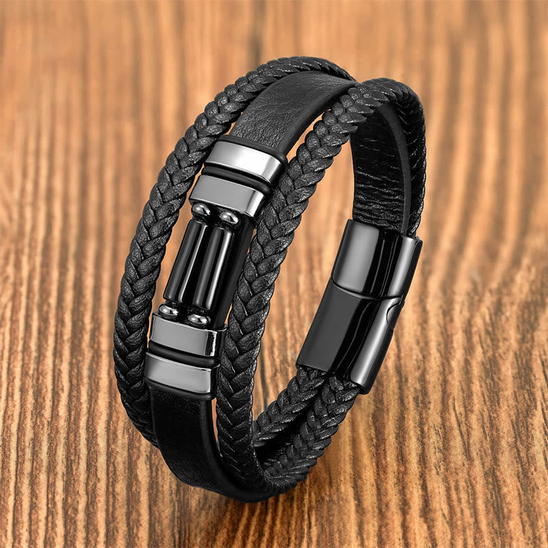Wear FengShui Tiger Eye Lazurite Hematite Picture Jasper Black Onyx Strength Multi-layer Leather Bracelet
