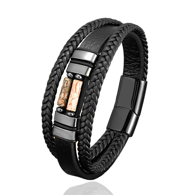Wear FengShui Tiger Eye Lazurite Hematite Picture Jasper Black Onyx Strength Multi-layer Leather Bracelet