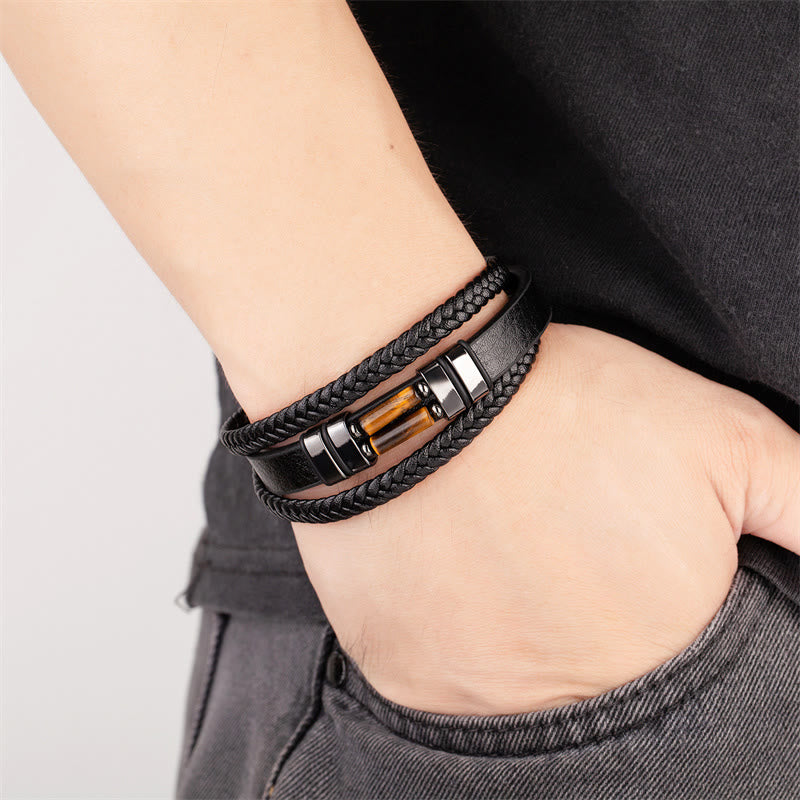 Wear FengShui Tiger Eye Lazurite Hematite Picture Jasper Black Onyx Strength Multi-layer Leather Bracelet