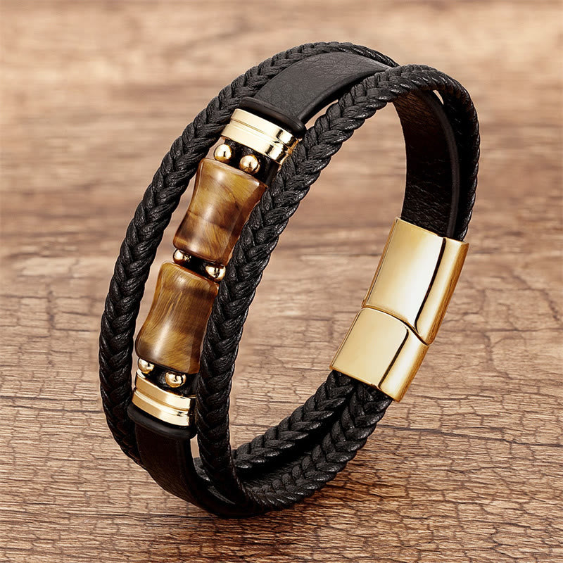 Wear FengShui Tiger Eye Bamboo Stone Integrity Courage Multi-layer Leather Bracelet