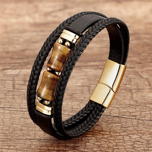Wear FengShui Tiger Eye Bamboo Stone Integrity Courage Multi-layer Leather Bracelet