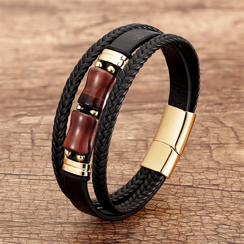 Wear FengShui Tiger Eye Bamboo Stone Integrity Courage Multi-layer Leather Bracelet