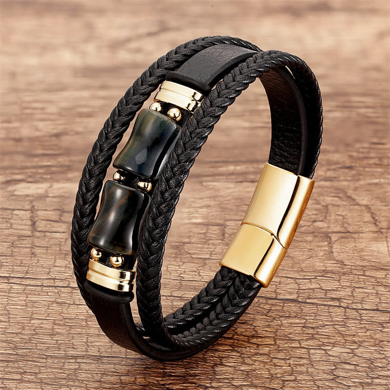Wear FengShui Tiger Eye Bamboo Stone Integrity Courage Multi-layer Leather Bracelet