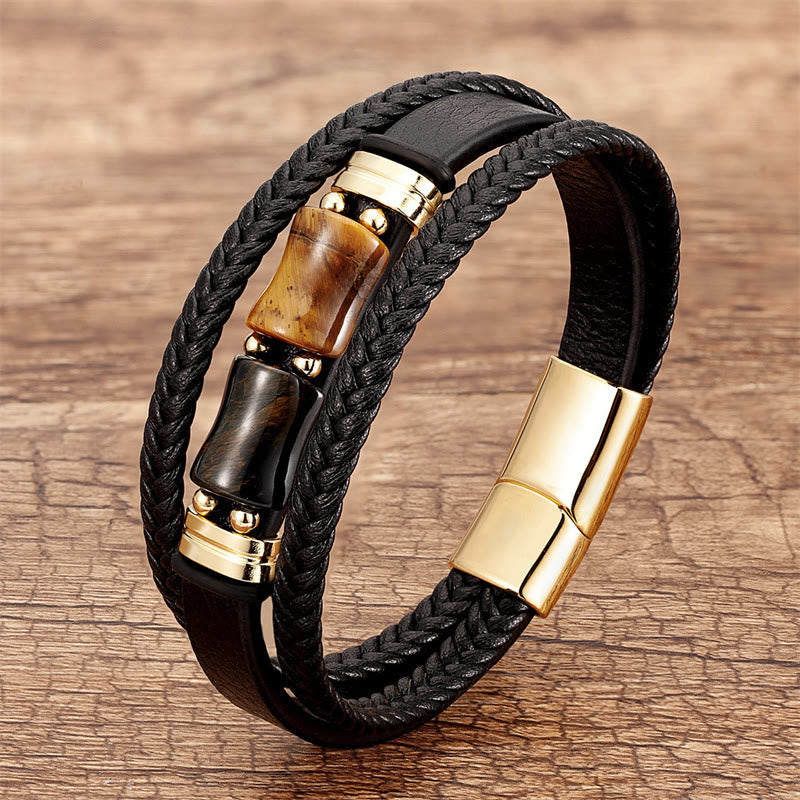 Wear FengShui Tiger Eye Bamboo Stone Integrity Courage Multi-layer Leather Bracelet