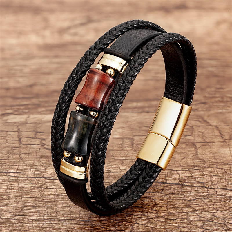 Wear FengShui Tiger Eye Bamboo Stone Integrity Courage Multi-layer Leather Bracelet