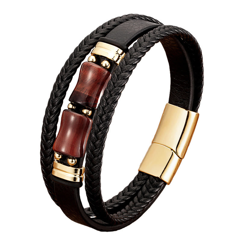 Wear FengShui Tiger Eye Bamboo Stone Integrity Courage Multi-layer Leather Bracelet