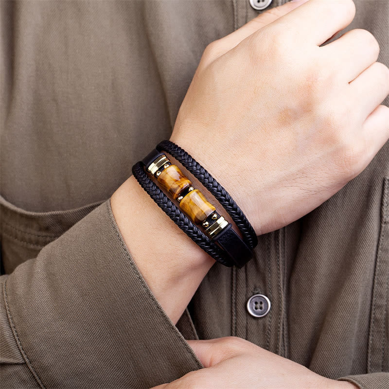Wear FengShui Tiger Eye Bamboo Stone Integrity Courage Multi-layer Leather Bracelet