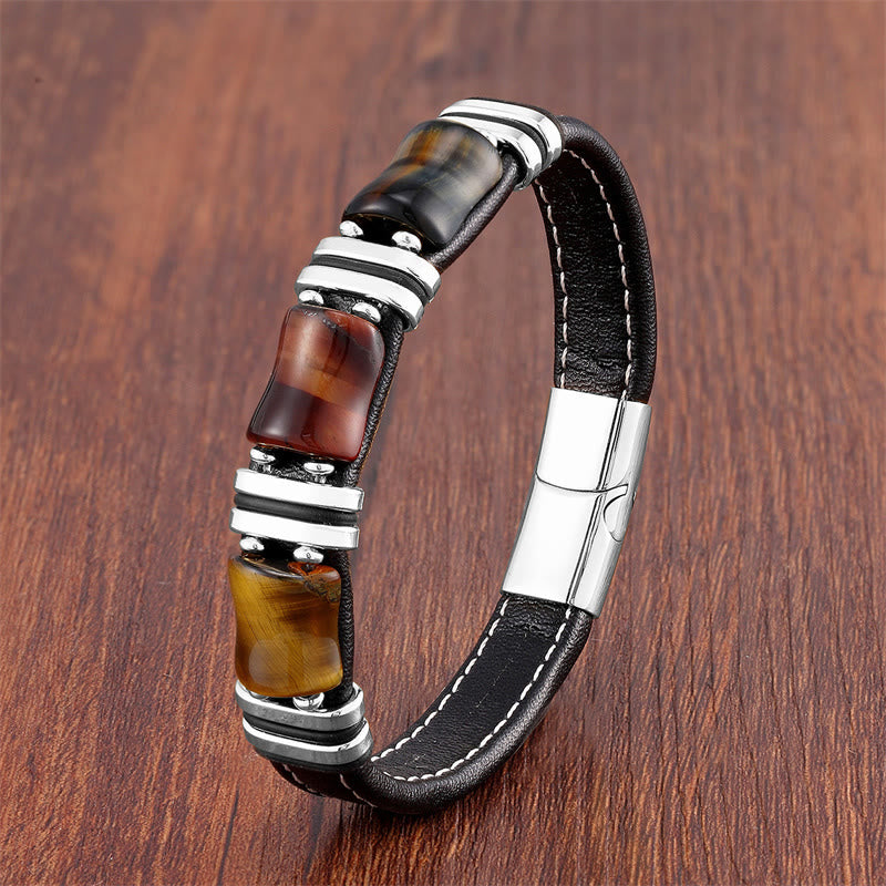 Wear FengShui Tiger Eye Three Bamboo Stone Protection Power Leather Bracelet