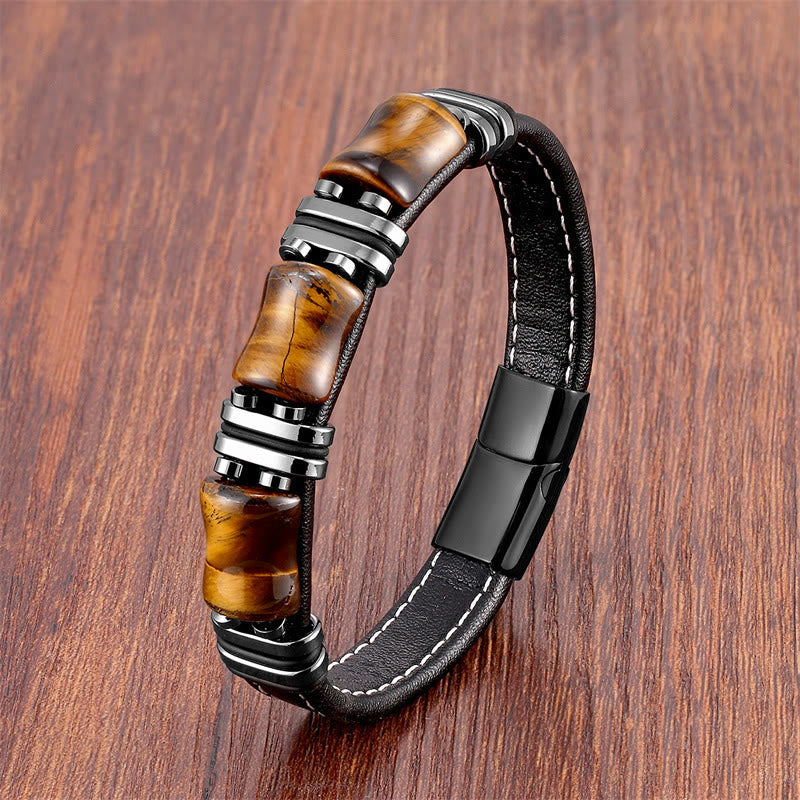 Wear FengShui Tiger Eye Three Bamboo Stone Protection Power Leather Bracelet