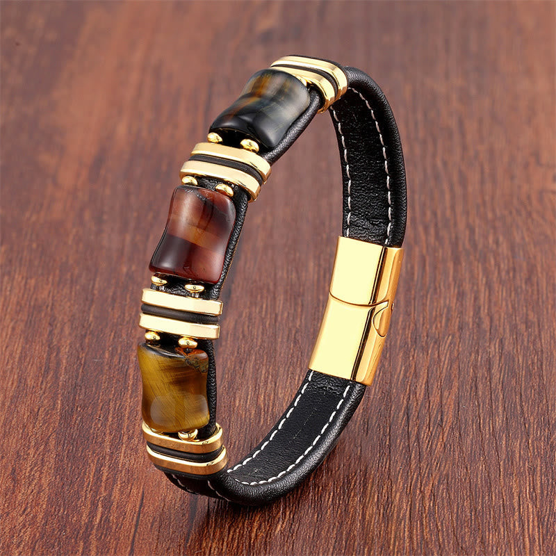 Wear FengShui Tiger Eye Three Bamboo Stone Protection Power Leather Bracelet