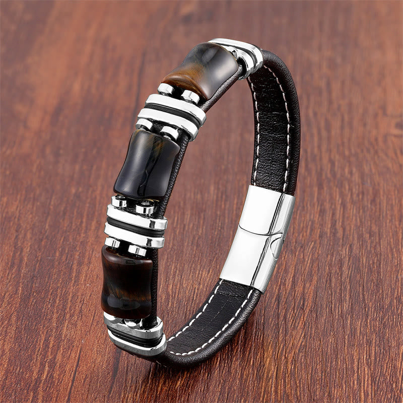 Wear FengShui Tiger Eye Three Bamboo Stone Protection Power Leather Bracelet