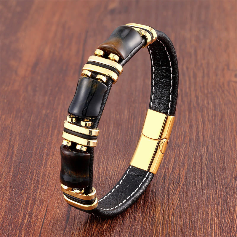 Wear FengShui Tiger Eye Three Bamboo Stone Protection Power Leather Bracelet