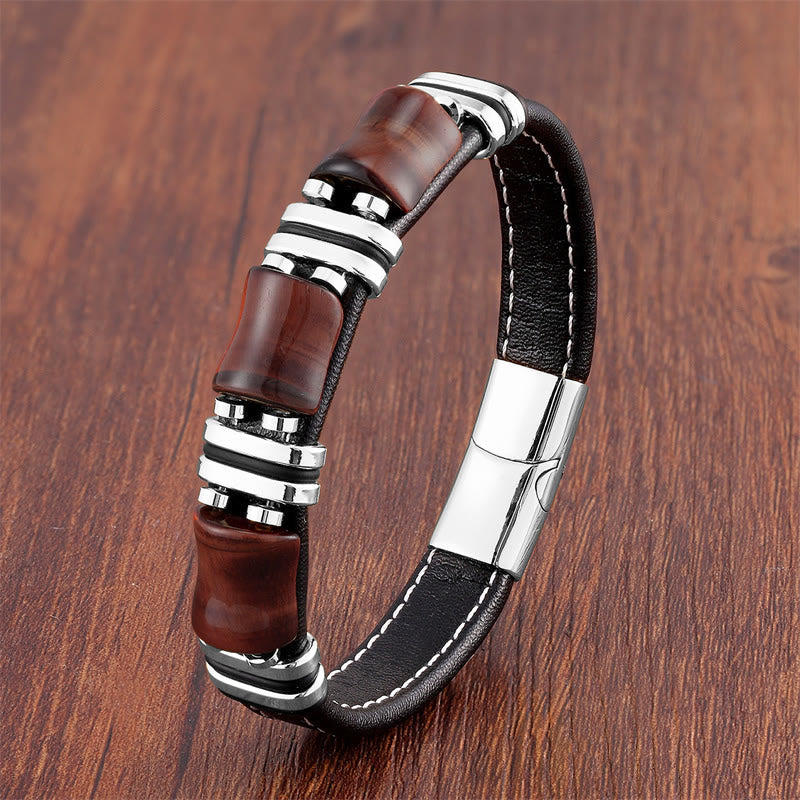 Wear FengShui Tiger Eye Three Bamboo Stone Protection Power Leather Bracelet
