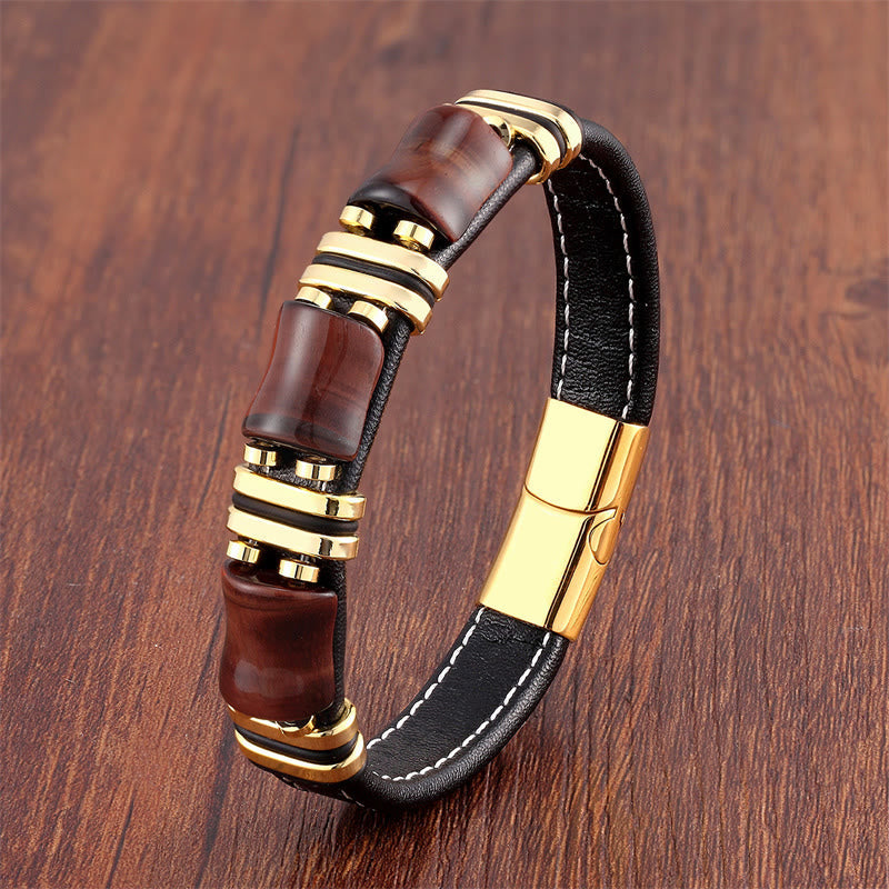 Wear FengShui Tiger Eye Three Bamboo Stone Protection Power Leather Bracelet