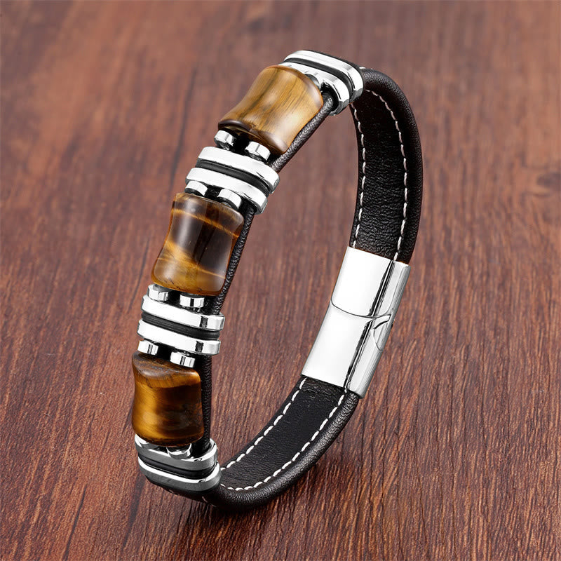 Wear FengShui Tiger Eye Three Bamboo Stone Protection Power Leather Bracelet