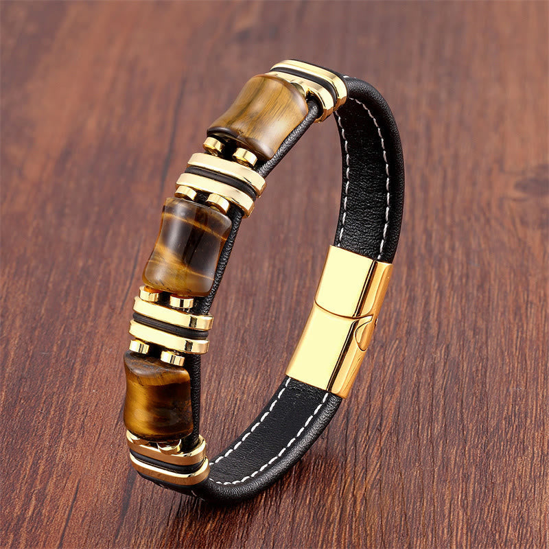 Wear FengShui Tiger Eye Three Bamboo Stone Protection Power Leather Bracelet