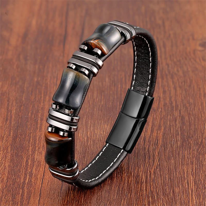 Wear FengShui Tiger Eye Three Bamboo Stone Protection Power Leather Bracelet