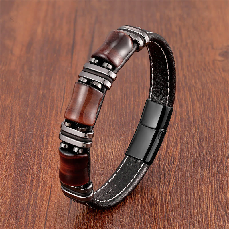 Wear FengShui Tiger Eye Three Bamboo Stone Protection Power Leather Bracelet
