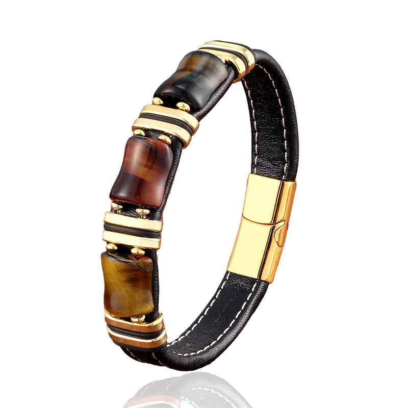 Wear FengShui Tiger Eye Three Bamboo Stone Protection Power Leather Bracelet