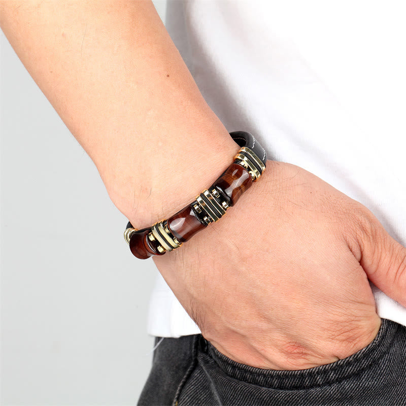Wear FengShui Tiger Eye Three Bamboo Stone Protection Power Leather Bracelet