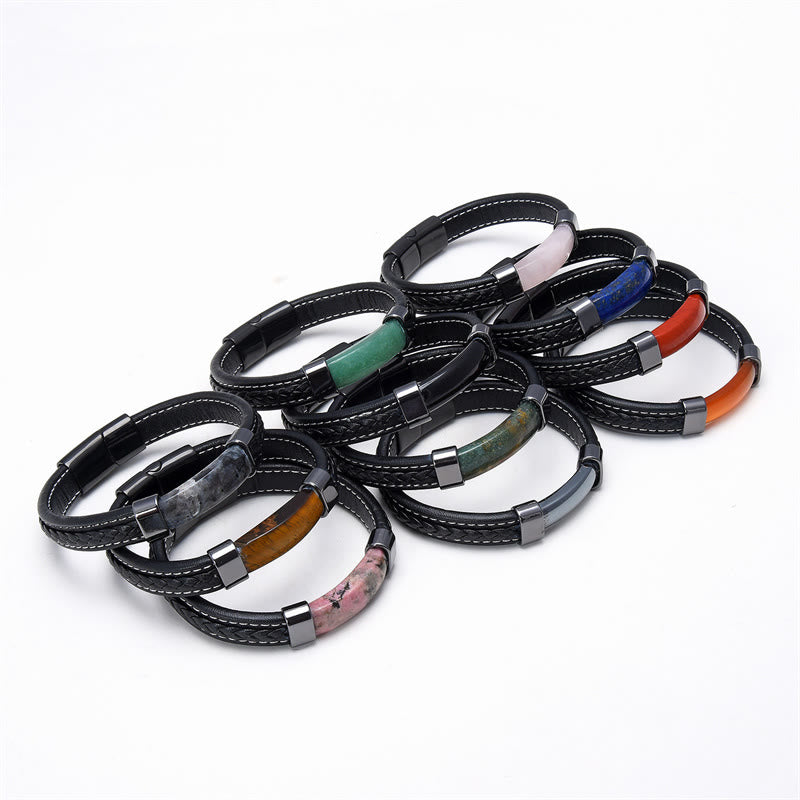 Wear FengShui Lazurite Tiger Eye Rhodonite Hematite Black Onyx Stone Balance Leather Bracelet