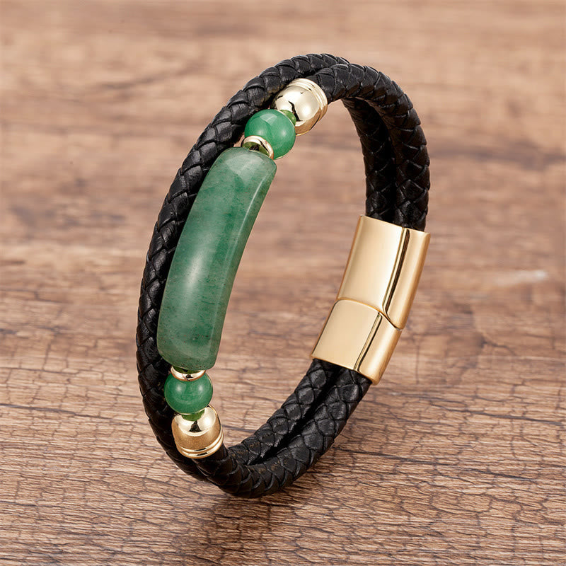 Wear FengShui Green Aventurine Tiger Eye Green Agate Black Onyx Hematite Stone Luck Leather Magnetic Buckle Bracelet