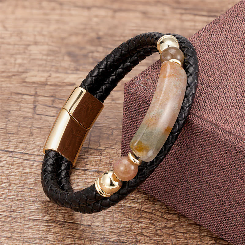 Wear FengShui Green Aventurine Tiger Eye Green Agate Black Onyx Hematite Stone Luck Leather Magnetic Buckle Bracelet