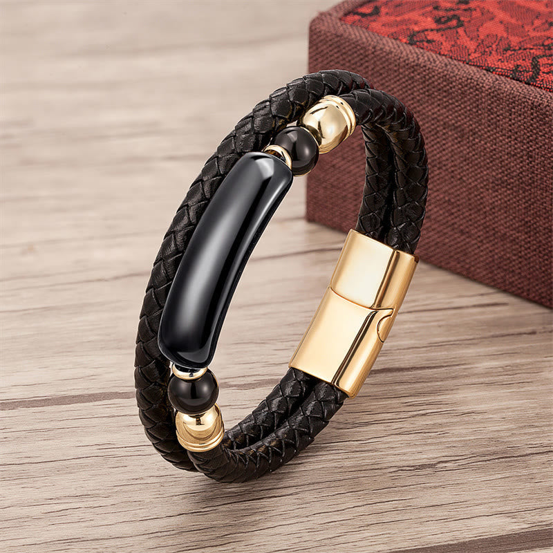 Wear FengShui Green Aventurine Tiger Eye Green Agate Black Onyx Hematite Stone Luck Leather Magnetic Buckle Bracelet