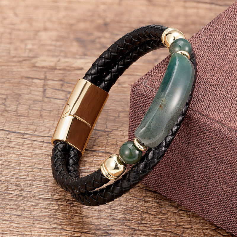 Wear FengShui Green Aventurine Tiger Eye Green Agate Black Onyx Hematite Stone Luck Leather Magnetic Buckle Bracelet