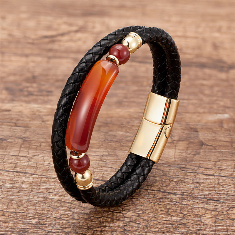 Wear FengShui Green Aventurine Tiger Eye Green Agate Black Onyx Hematite Stone Luck Leather Magnetic Buckle Bracelet