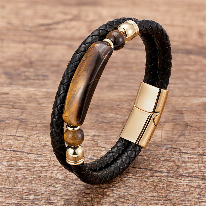 Wear FengShui Green Aventurine Tiger Eye Green Agate Black Onyx Hematite Stone Luck Leather Magnetic Buckle Bracelet