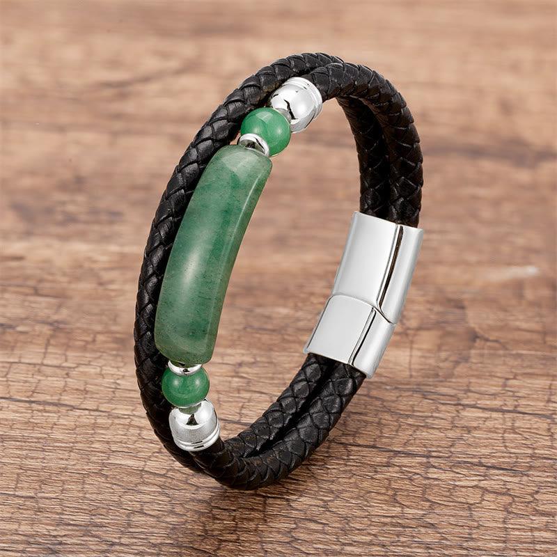 Wear FengShui Green Aventurine Tiger Eye Green Agate Black Onyx Hematite Stone Luck Leather Magnetic Buckle Bracelet