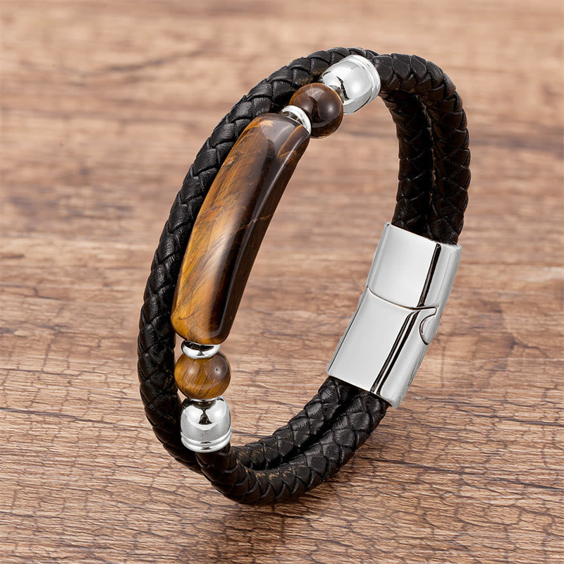 Wear FengShui Green Aventurine Tiger Eye Green Agate Black Onyx Hematite Stone Luck Leather Magnetic Buckle Bracelet