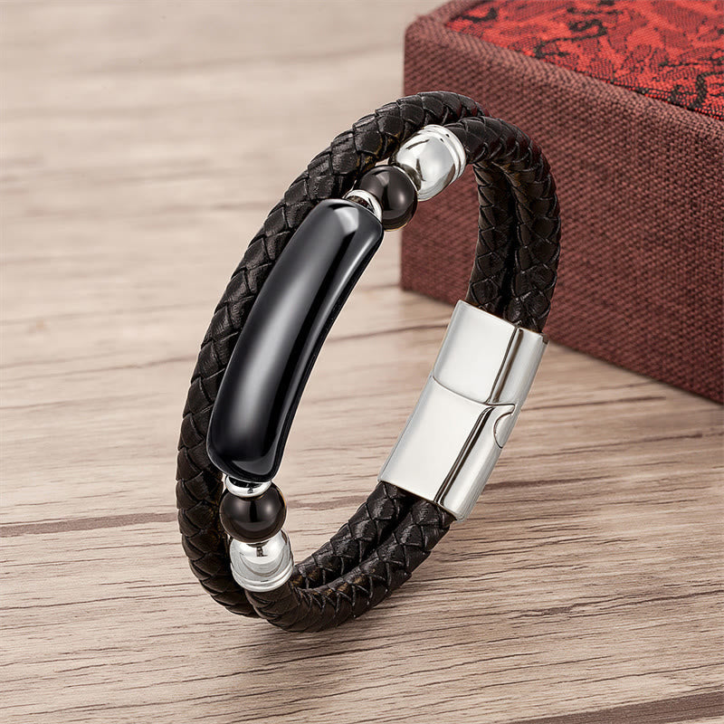 Wear FengShui Green Aventurine Tiger Eye Green Agate Black Onyx Hematite Stone Luck Leather Magnetic Buckle Bracelet