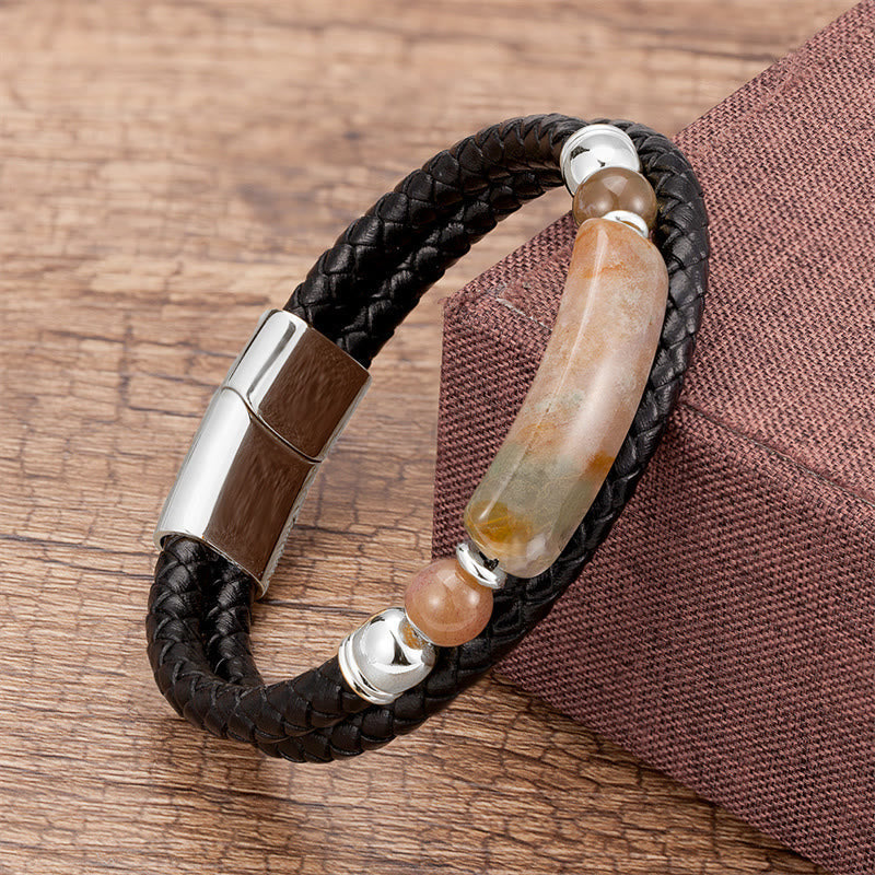 Wear FengShui Green Aventurine Tiger Eye Green Agate Black Onyx Hematite Stone Luck Leather Magnetic Buckle Bracelet