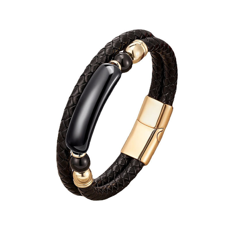 Wear FengShui Green Aventurine Tiger Eye Green Agate Black Onyx Hematite Stone Luck Leather Magnetic Buckle Bracelet